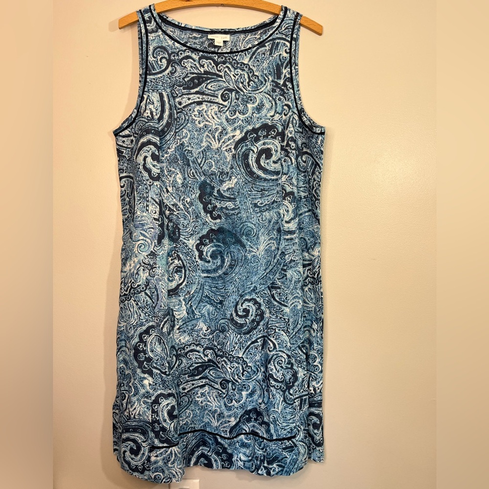 J Jill Blue Paisley Linen Sleeveless Shift Dress with Pockets Women’s Size S